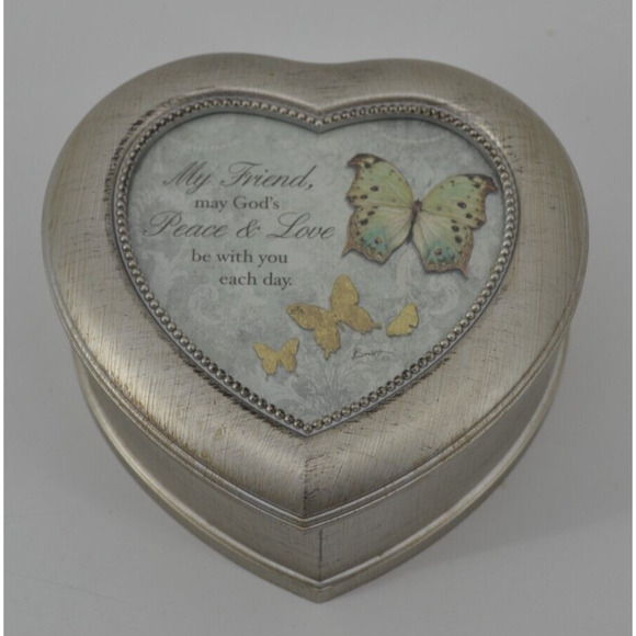 Carson Heart shaped jewelry box Silver Color Picture Frame Music Box My Friend - Picture 1 of 12
